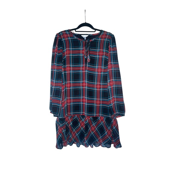 Draper James Dresses & Skirts - NWT Draper James Tie Neck Flounce‎ Shift Dress Plaid Red Navy Teal Women's M